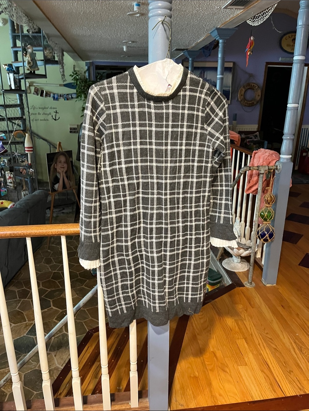 Gray and White Plaid Knit Sweater Dress